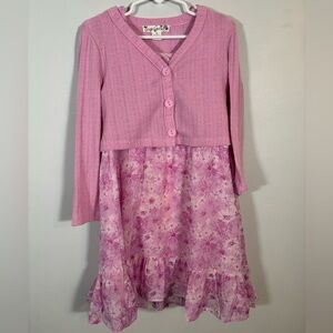 Knitworks Girls Pink Floral Dress Sz 6 w/ Attached Sweater Layer Long Sleeve